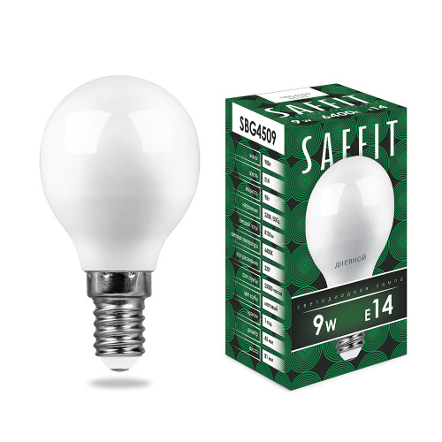 Лампа светодиодная  9W 6400K E14 230V SBG4509 шар (SAFFIT)