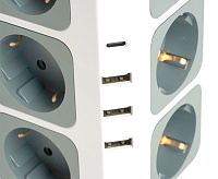 Удлинитель 12-местн с/з, 3x1мм2, 1.5 м,250В,16А, 3520Вт 3USB A + 1C 5V 3,4A,белый/серый HM10-61-01