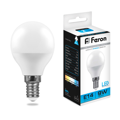 Лампа светодиодная  9W E14 6400K LB-550 шар (Feron)