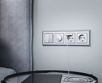 Розетка с заземлением, шторками и USBх2 (серебряный) WL06-SKGS-USBx2-IP20